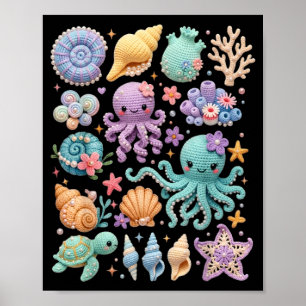Poster Vida Marinha Coquetes Kawaii Água-Viva Polvo Praia