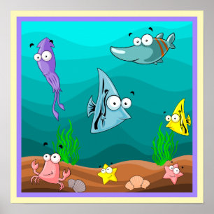Poster Vida Marinha Sob o Mar Desenho Animado Fofo