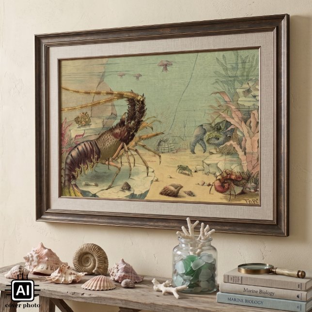 Poster Vida Marinha Subaquática Antiga, Animais no Oceano (Vintage illustration marine life design featuring a underwater scene with various sea creatures.)