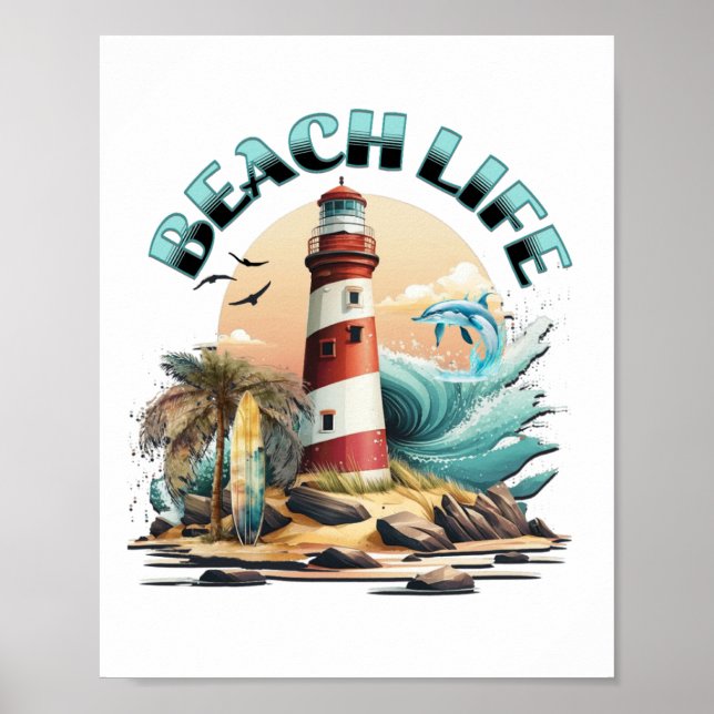 Poster Vida na Praia | Arte de Farol Tropical (Frente)