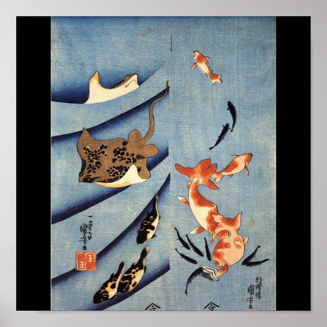 Poster Vida no Mar Japonês, Antiga arte Japonesa c. décad (Frente)