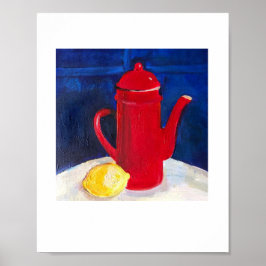 Poster vida tranquila com pote de café vermelho e limão