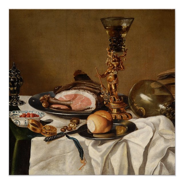 Pôster Vida tranquila com presunto, livros e embarcações  (Frente)