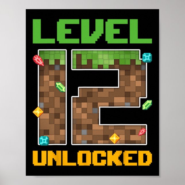 Poster Vídeo Jogo Número Pixel 12 Anos Desbloqueado Nível (Frente)