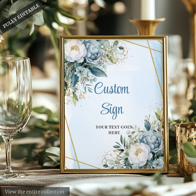 Poster Vidro Azul Verde Dourado Sinal de Casamento Leve (Watercolor Blue Greenery Gold Glitter Wedding Sign)