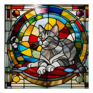 Pôster Vidro Colorido de Gato Listrado Cinza