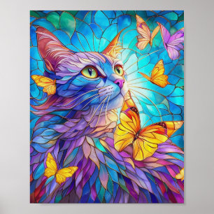Poster Vidro escondido Gato 730 borboletas azuis amarelas