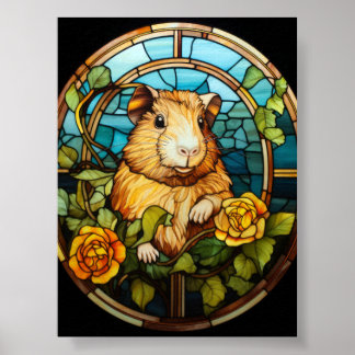 Poster Vidro Manchado de Porquinho-da-índia Fofo com Rosa