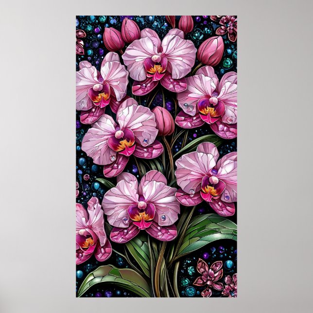 Poster Vidro Pintado com Orquídeas Rosas (Frente)
