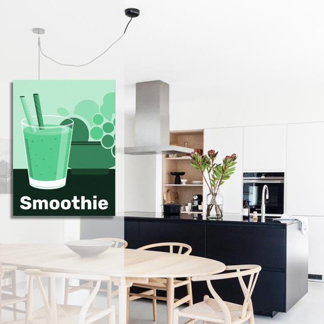 Poster Vidro Preto, Branco, Cozinha Verde, Wall Art (Modern Smoothie Glass Black, White, Green Kitchen Poster)