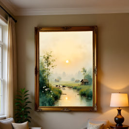 Pôster Vietnamese Morning Mist Village Watercolor Art