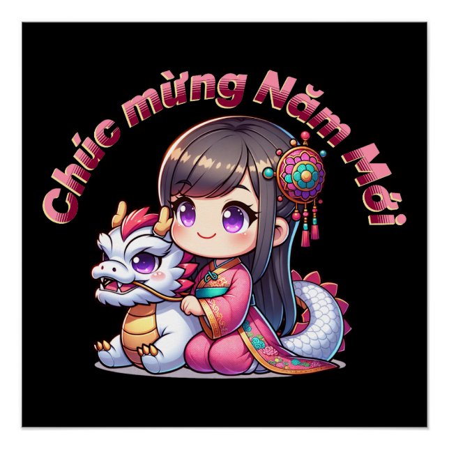 Pôster Vietnamita, Garota e Dragão de Ano Novo (Frente)