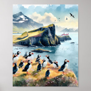 Poster Vik Islândia Puffins Watercolor