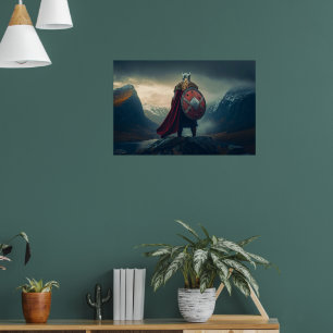 Poster Viking Escandinavo em Cota de Malha Vendo Fiorde 