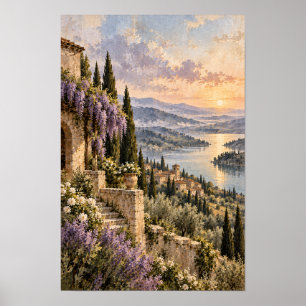 Poster Vila à Beira do Lago ao Pôr-do-Sol com Wisteria e