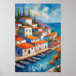Poster Vila costeira aquarela veleiro
