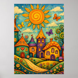 Poster Vila de Contos de Fadas Caprichosa Arte em Tela Co