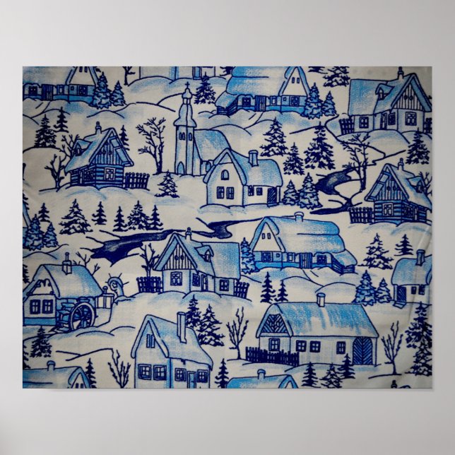 Pôster Vila de Férias de Natal Azul Vintage (Frente)