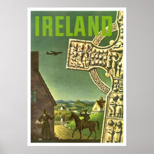 Poster Vila de Ireland, cruz celta, viagens vintage