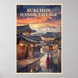 Poster Vila Hanok Bukchon Viagem Vintage Seul