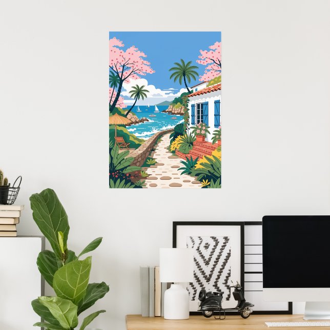 Poster Vila Tropical à Beira-Mar com Barcos (Escritório em casa)
