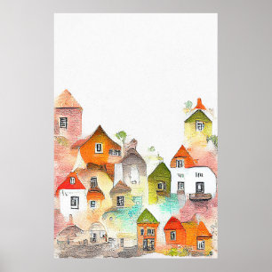 Poster Village House Landscape Scenery Nature Watercolor