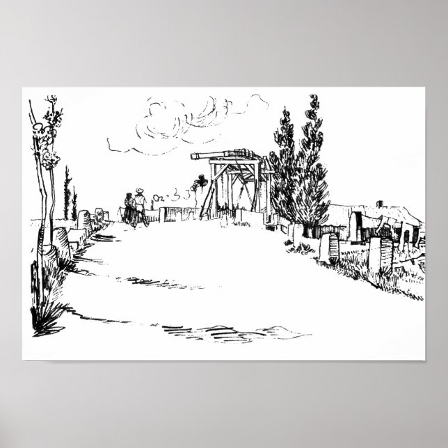 Pôster Vincent van Gogh Drawbridge em Arles Drawing (Frente)