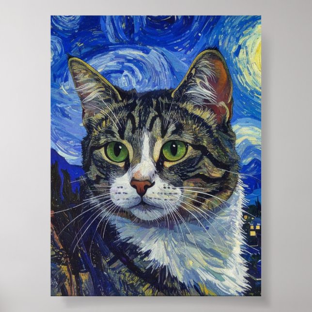 Poster Vincent Van Gogh Starry Night Cat Portrait (Frente)