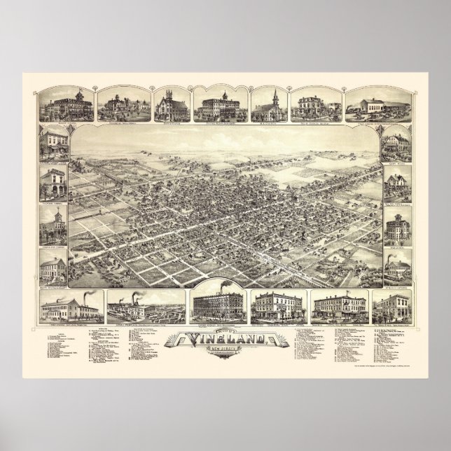 Pôster Vineland, Mapa Panorâmico do NJ - 1885 (Frente)