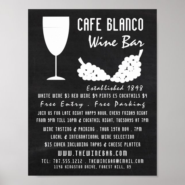 Poster Vinho e Uvas, Bar/Adverso De Vinho De Chalkboard (Frente)