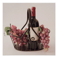 Vinho e Uvas em cesto poster brilhante