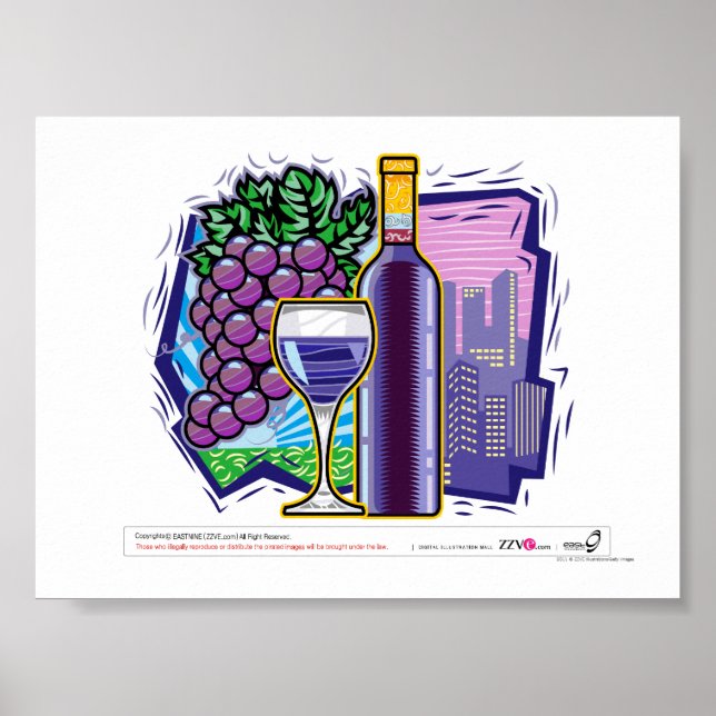 Poster Vinho, garrafa e uvas, cidade de fundo (Frente)