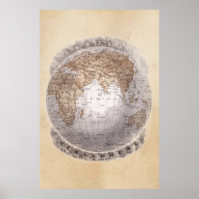 Poster Vintage 1800s Mapa mundial do hemisfério leste (Frente)