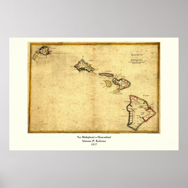 Poster Vintage 1837 Mapa do Havaí - Ilhas Havaianas (Frente)