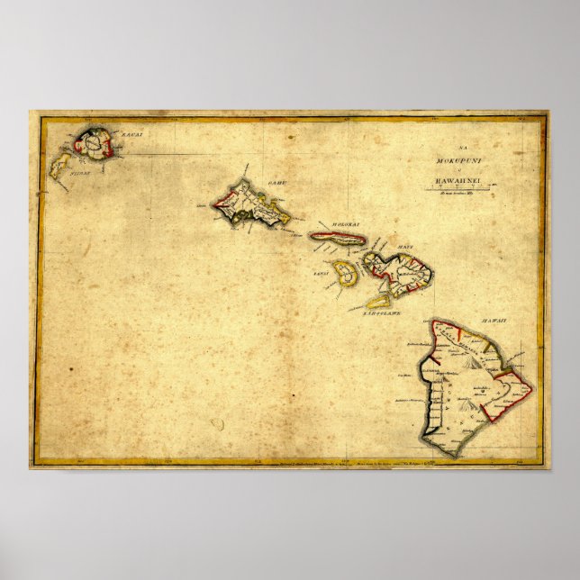 Poster Vintage 1837 Mapa do Havaí - Ilhas Havaianas (Frente)