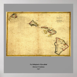 Pôster Vintage 1837 Mapa do Havaí - Ilhas Havaianas