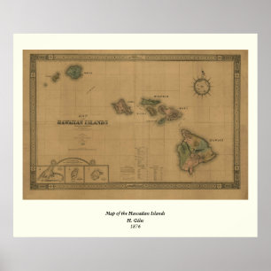 Poster Vintage 1876 Mapa do Havaí - Ilhas Havaianas