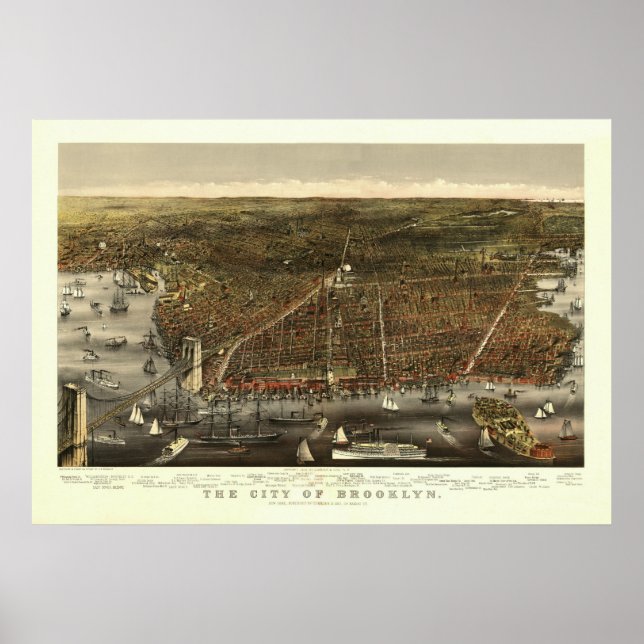 Pôster Vintage 1879 Mapa visual do Brooklyn NY Bird (Frente)