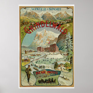Pôster Vintage, 1890, Alpes suíços hotéis desportivos de