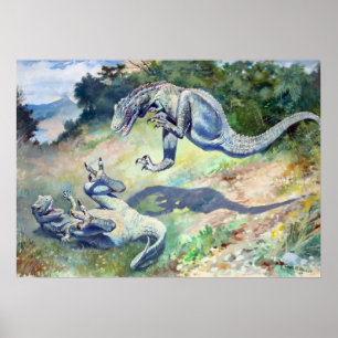 Poster Vintage 1897 Lutando Dinossauros por Charles Knigh