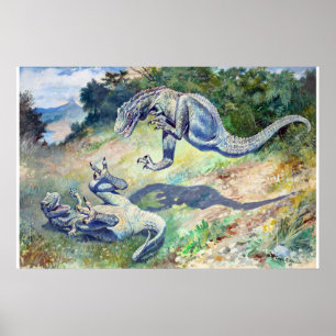 Poster Vintage 1897 Lutando Dinossauros por Charles Knigh