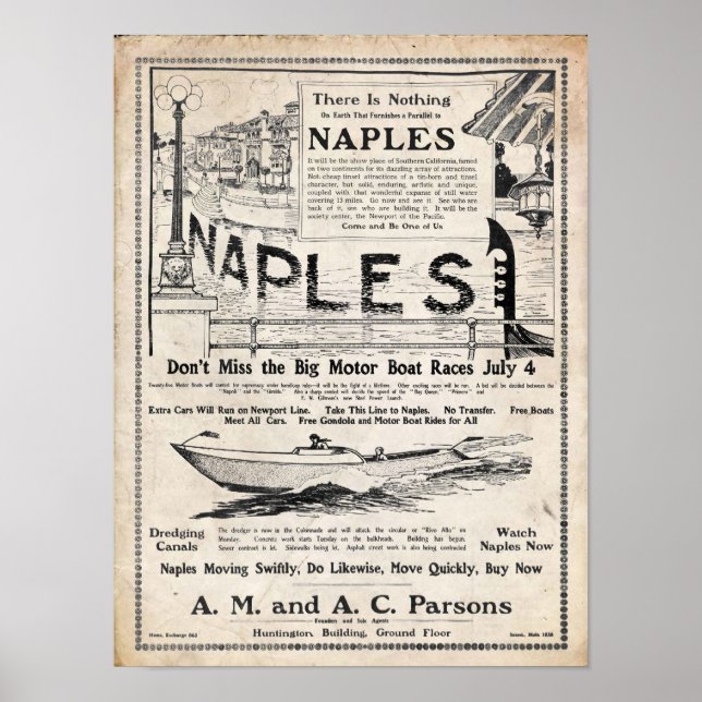 Poster Vintage 1906 Naples California Construction Impres (Frente)