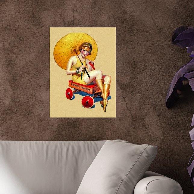 Pôster Vintage, 1920, Flapper Lady Umbrella Wagon Bathing (Vintage bathing beauty in swimsuit sitting in little red wagon in tan wall art poster.)