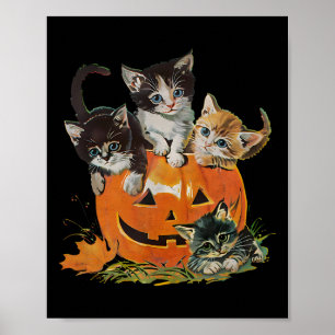 Poster Vintage 90s Cat Pumpkin Halloween Retro Floral Spo