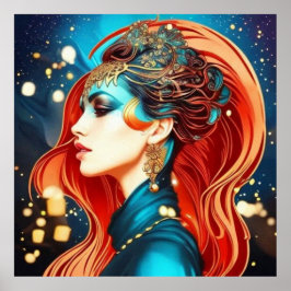 Poster Vintage abstrato belo dourado vermelho fêmea 3