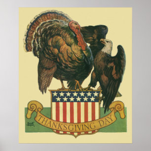 Pôster Vintage Ação de Graças Turquia, Águia, Bandeira Am