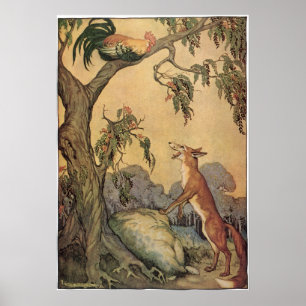 Poster Vintage Aesop's Fables, Fox, Rooster and the Dog