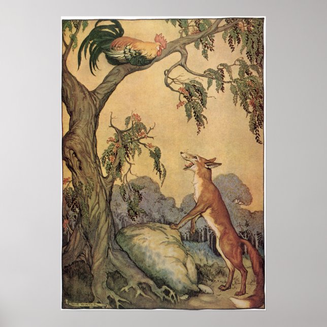 Poster Vintage Aesop's Fables, Fox, Rooster and the Dog (Frente)