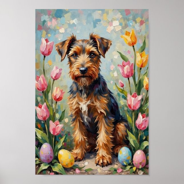 Poster Vintage Airedale Terrier Easter Garden Art (Frente)