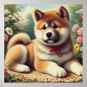 Poster Vintage Akita Oil Painting
